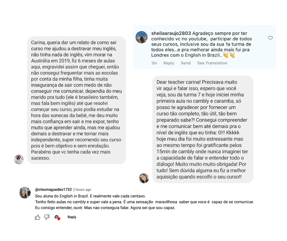 Relatos dos alunos do curso English in Brazil, compartilhando suas experiências e como o curso os preparou para o intercâmbio.