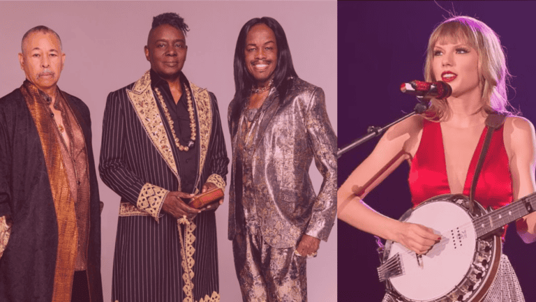 A imagem apresenta um grupo de pessoas de um lado, incluindo Verdine White, Philip Bailey e Ralph Johnson, da banda "Earth, Wind & Fire". Do outro lado, a imagem mostra Taylor Swift em uma performance tocando banjo.