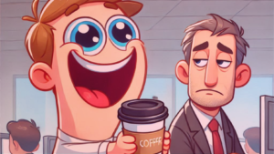 Um funcionário de desenho animado oferecendo ansiosamente uma xícara de café ao seu chefe, com um sorriso grande e exagerado, enquanto o chefe parece nada impressionado. O fundo mostra um ambiente de escritório com mesas e computadores.