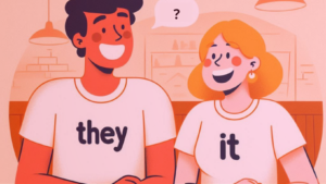 Dois personagens com camisetas diferentes, um com a palavra 'they' e o outro com a palavra 'it', sentados em um café, rindo e conversando, mostrando que entender a gramática pode ser divertido.