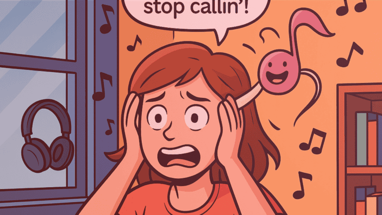 Mulher em estilo cartum com expressão aflita, mãos na cabeça e uma nota musical simbolizando uma música *stuck in my head*. Ao fundo, uma sala colorida com livros e notas musicais flutuando.
