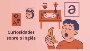 Ilustração com elementos visuais das curiosidades sobre o inglês, como a palavra “set” representada por relógio, mesa posta e filmagem, além do símbolo do som schwa e uma pessoa pronunciando "banana".