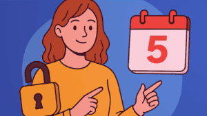 Ilustração de uma mulher sorrindo, apontando para um calendário com o número 5 e com um cadeado aberto no ombro, representando o destravar do inglês em 5 dias.