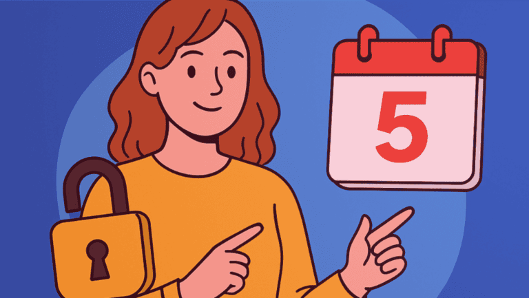 Ilustração de uma mulher sorrindo, apontando para um calendário com o número 5 e com um cadeado aberto no ombro, representando o destravar do inglês em 5 dias.