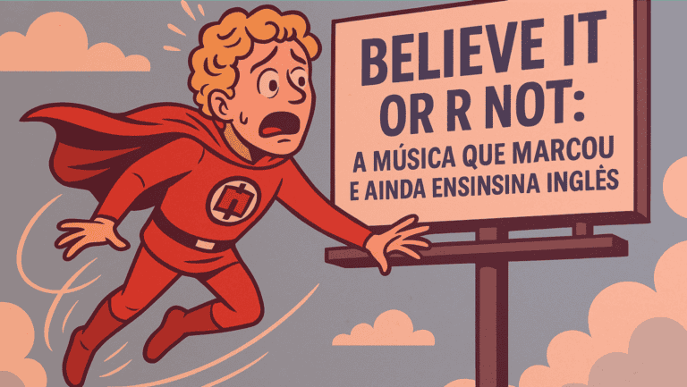 Aprender inglês com música pode ser tão emocionante quanto voar sem manual de instruções! Na ilustração, um super-herói loiro de cabelos curtos e cacheados, vestido com uma capa e roupa toda vermelha, aparece assustado ao perceber que está voando desengonçado diretamente para uma placa de outdoor.