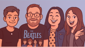 Ilustração em estilo cartoon dos professores do English in Brazil sorrindo, usada na capa do vídeo sobre aprender inglês com séries de TV como Friends e Breaking Bad.
