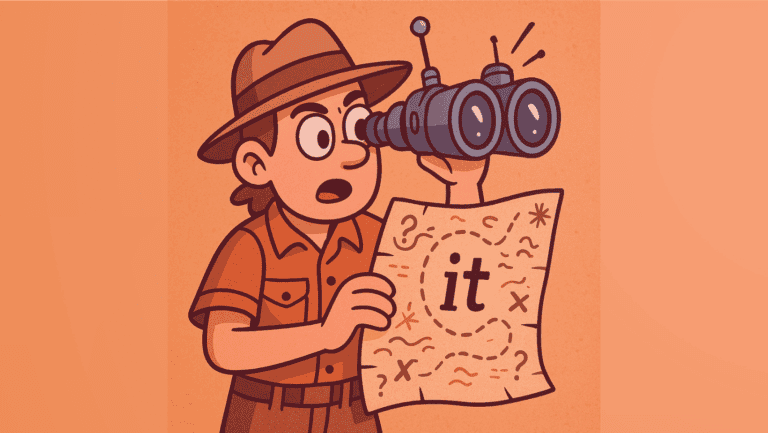 Ilustração em estilo cartoon de um explorador segurando um mapa do tesouro com a palavra 'it' em destaque e olhando através de um binóculo futurista com antenas, simbolizando a busca pela gramática invisível no inglês.