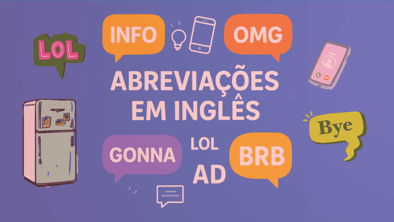 Abreviações em inglês como INFO, OMG, GONNA, BRB e LOL em balões de fala coloridos sobre fundo azul.