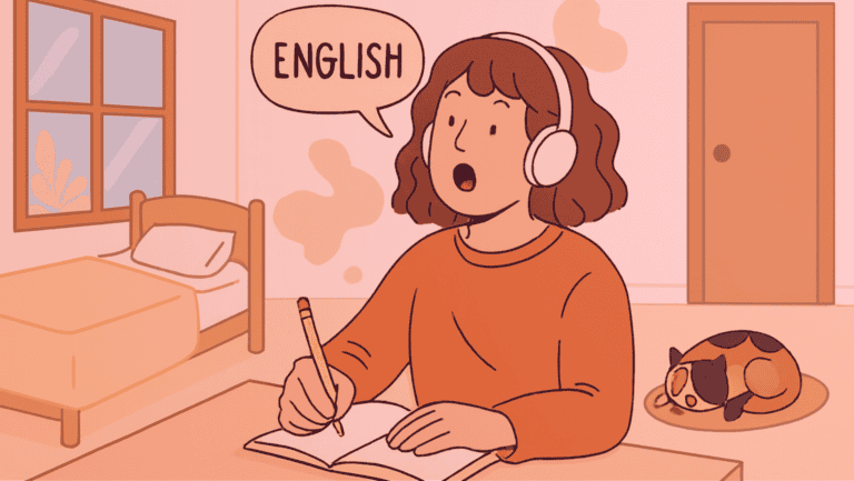 Pessoa estudando inglês com fones de ouvido e caderno, aplicando a técnica de dictogloss para autodidatas.