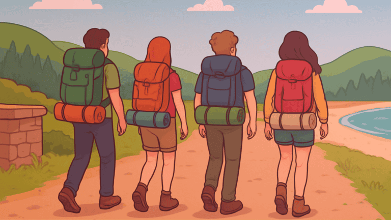 Quatro pessoas caminhando de costas por uma estrada de terra com mochilas de camping rumo a colinas e praia ao fundo, em clima de aventura e companheirismo — uma cena que remete a termos de férias e viagens ao ar livre.