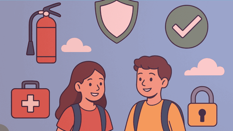 Casal de alunos cercados por símbolos de segurança — como extintor, escudo, check verde, kit de primeiros socorros, e um cadeado — representando o conceito de safe e secure.