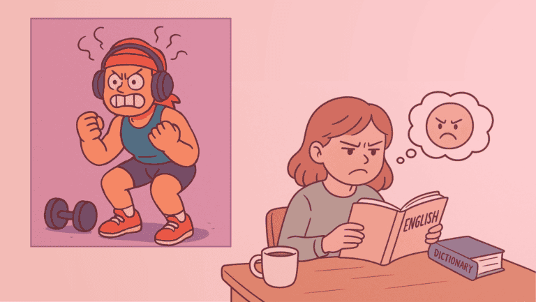 Ilustração divertida em estilo cartum com dois personagens em situações distintas, mas unidos por uma mesma energia: a raiva como combustível. À esquerda, uma pessoa malhando com expressão de fúria exagerada, fones de ouvido e postura tensa, ao lado de um halter no chão — claramente movida “na força do ódio”. À direita, outra figura sentada à mesa, estudando inglês com semblante irritado, cercada por um dicionário e uma xícara de café, enquanto um balão de pensamento exibe um rosto bravo. A cena retrata, com humor, como a irritação pode se transformar em força de vontade, seja para levantar peso ou encarar o desafio de aprender um idioma.