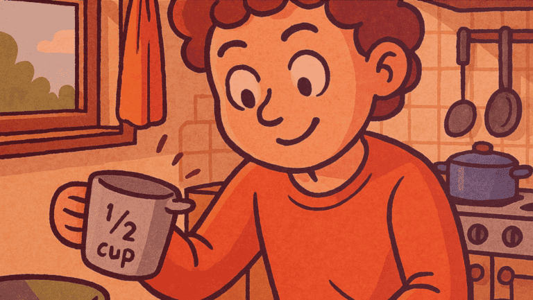 Ilustração cartum de uma pessoa em uma cozinha aconchegante, segurando uma xícara medidora com “1/2 cup” escrito, enquanto prepara uma receita. A cena inclui utensílios de cozinha, uma janela com vista para árvores e céu azul, e um ambiente acolhedor. A imagem transmite o conceito de matemática em inglês ao aplicar frações como “1/2 cup” no contexto culinário, sugerindo aprendizado prático e divertido.