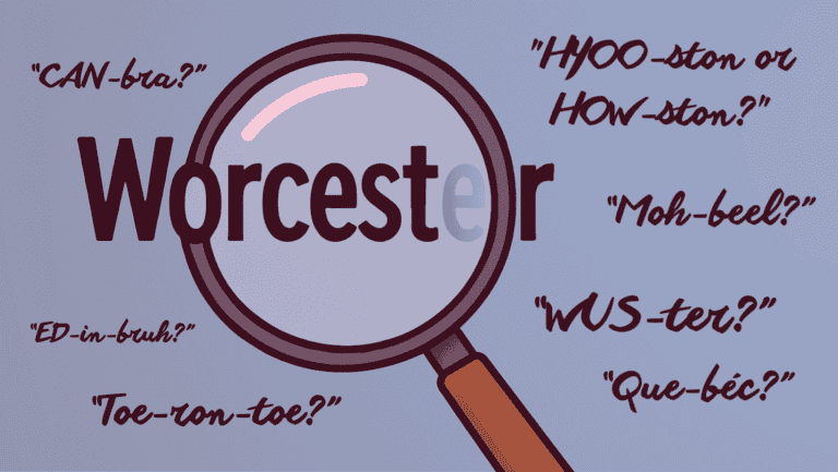 Imagem em estilo cartum mostrando uma lupa sobre a palavra “Worcester”, com destaque para as letras “ce” desaparecendo. Ao redor, há perguntas sobre como pronunciar cidades em inglês, como “CAN-bra?”, “HYOO-ston ou HOW-ston?”, e “ED-in-bruh?”, ilustrando confusão comum com nomes de lugares.