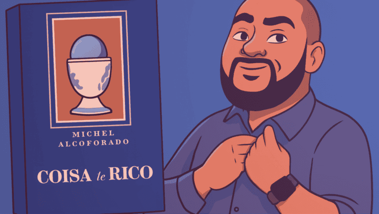 Ilustração do livro *Coisa de Rico*, de Michel Alcoforado, ao lado de um retrato estilizado do Teacher Rodrigo Honorato, representando o conceito de Inglês Rico discutido no 100º episódio do podcast Behind the Language.