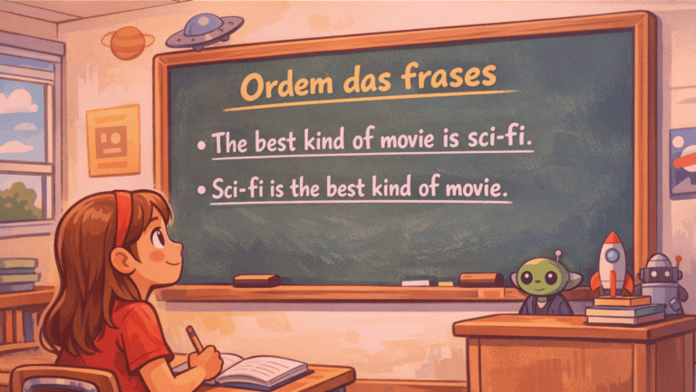 Ilustração em estilo cartum de uma estudante em sala de aula aprendendo inglês enquanto observa um quadro com o título “ordem das frases” e dois exemplos de frases equivalentes: “The best kind of movie is sci-fi.” e “Sci-fi is the best kind of movie.” Um pequeno boneco alienígena verde está na mesa ao lado do quadro, em um ambiente decorado com elementos de ficção científica.