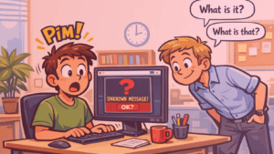 Ilustração em estilo cartum mostrando a diferença entre what is it x what is that: um homem está sentado trabalhando no computador quando recebe uma notificação inesperada na tela com a mensagem “Unknown message! OK?”. Ele parece surpreso, enquanto um colega ao lado se inclina para observar e faz duas perguntas em balões de fala: “What is it?” e “What is that?”. O cenário é um escritório com mesa, caneca, lápis e uma planta ao fundo.