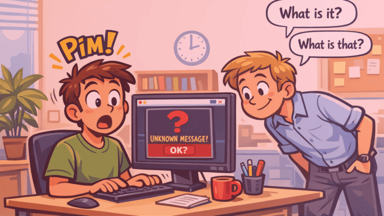 Ilustração em estilo cartum mostrando a diferença entre what is it x what is that: um homem está sentado trabalhando no computador quando recebe uma notificação inesperada na tela com a mensagem “Unknown message! OK?”. Ele parece surpreso, enquanto um colega ao lado se inclina para observar e faz duas perguntas em balões de fala: “What is it?” e “What is that?”. O cenário é um escritório com mesa, caneca, lápis e uma planta ao fundo.