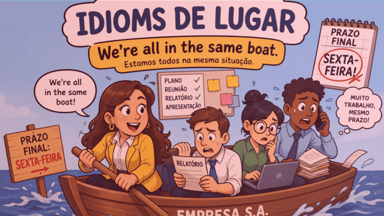 Ilustração em estilo cartum sobre *idioms de lugar*, mostrando uma equipe de colegas de trabalho em um barco da empresa tentando cumprir um prazo apertado. A imagem destaca a expressão em inglês “We’re all in the same boat” com tradução em português, representando pessoas na mesma situação diante de desafios no trabalho.