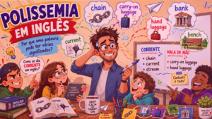 Polissemia em inglês explicada em sala de aula, mostrando como uma palavra pode ter vários significados conforme o contexto.