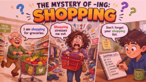 Infográfico em estilo cartum dividido em três painéis que ilustram o mistério do -ing através de exemplos com a palavra shopping.