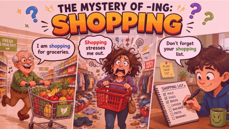 Infográfico em estilo cartum dividido em três painéis que ilustram o mistério do -ing através de exemplos com a palavra shopping.