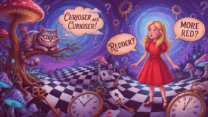 Ilustração inspirada em Alice no País das Maravilhas mostrando dúvidas sobre paralelismo no inglês com menina e gato sorridente.