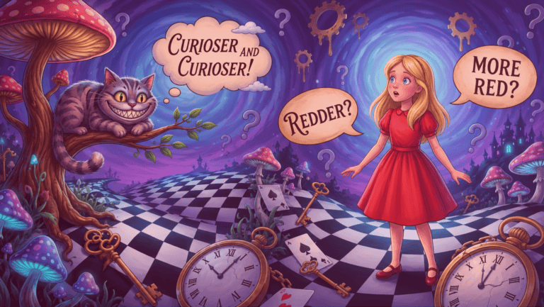 Ilustração inspirada em Alice no País das Maravilhas mostrando dúvidas sobre paralelismo no inglês com menina e gato sorridente.