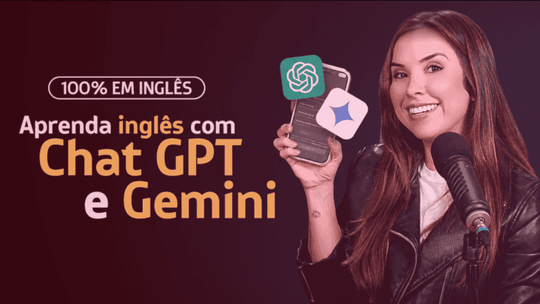 Carina Fragozo sorri ao lado do texto Aprenda inglês com Chat GPT e Gemini, segurando celular com os logos das IAs.