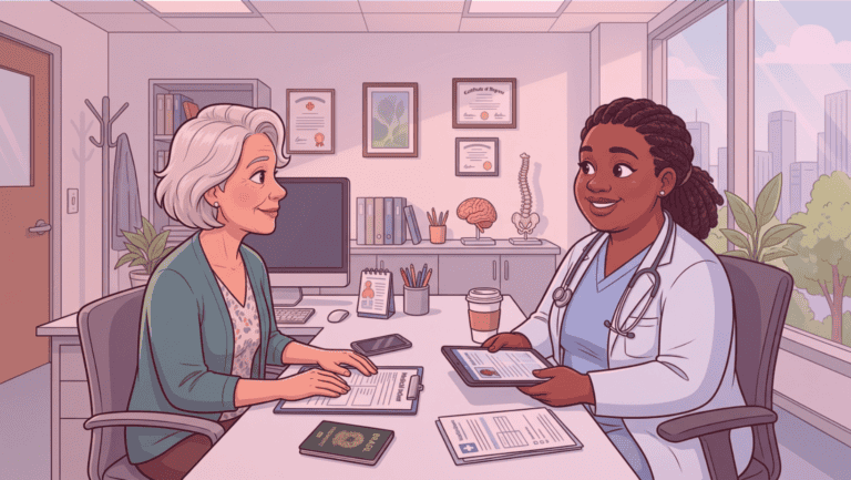 Consulta médica em escritório com paciente e médico discutindo código de cortesia no inglês