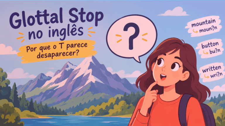 Ilustração sobre o glottal stop no inglês, onde o 'T' desaparece, com exemplos como mountain e button.