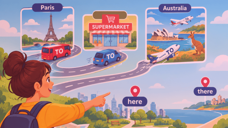 Ilustração de viagens explica por que não usamos to antes de here e there ao indicar diferentes destinos.