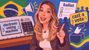 Professora Carina Fragozo apresenta vocabulário para falar sobre eleições em inglês, com urna eletrônica, ballot e cast a vote.