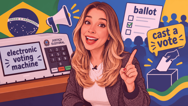 Professora Carina Fragozo apresenta vocabulário para falar sobre eleições em inglês, com urna eletrônica, ballot e cast a vote.