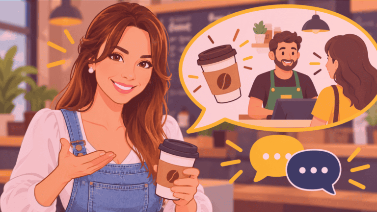Professora ensina como pedir café em inglês com ilustração de café para viagem e diálogo entre cliente e barista.